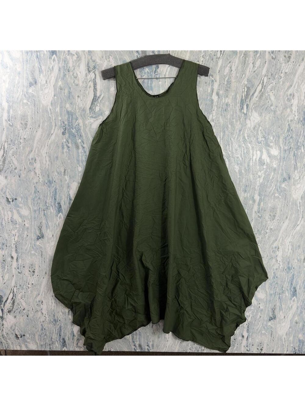 Artsy Boho Minimalist Lagenlook Avant-Garde Dark Green Asymmetrical Dress (M/L)